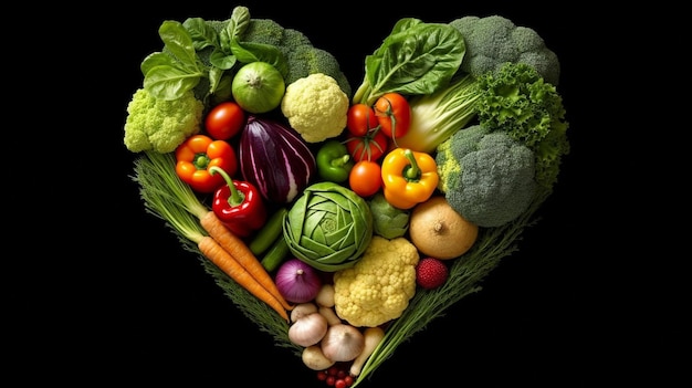 Heartshaped fresh veggies on a dark backdrop