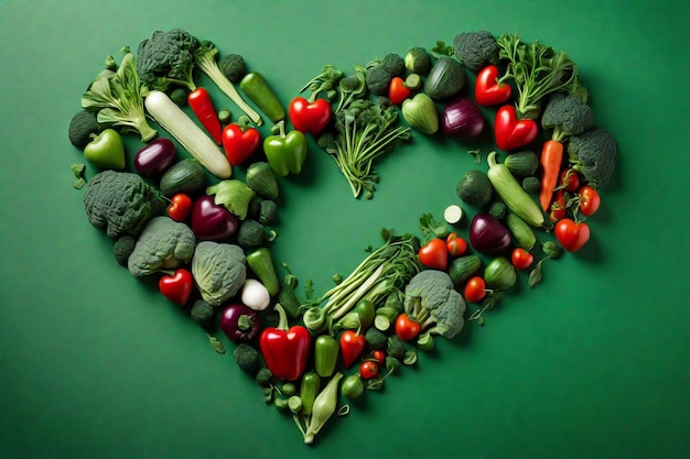 Heartshaped fresh veggies on a green backdrop Happy vegan day