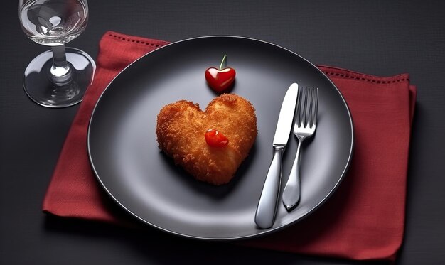 Photo heartshaped fried minced steak dinner of valentines day with humorous twist