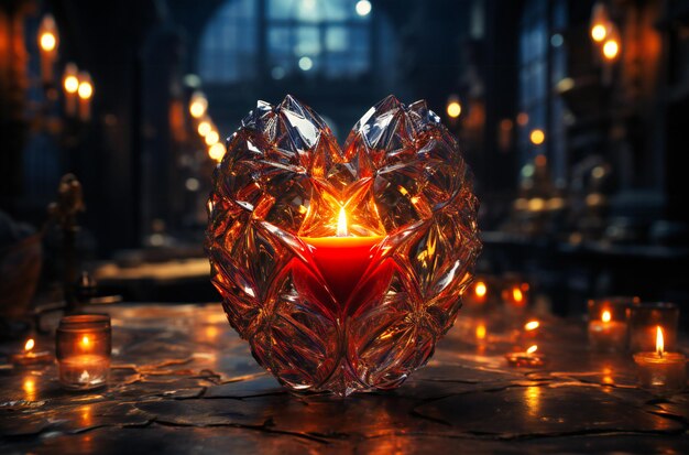 A heartshaped glass candle in a dark room