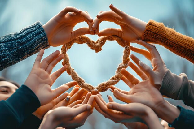 사진 심장 모양의 손은 단결, 협력, 파트너십, 팀워크, 자선의 상징입니다.