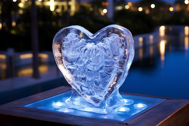 a heartshaped ice sculpture shimmering with loves AI generated