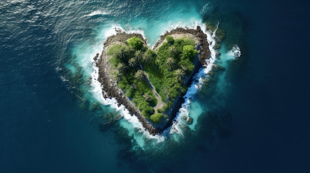 Heartshaped island in a telephoto lens aerial view of the ocean with realistic lighting