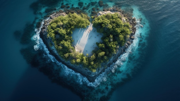Heartshaped island in a telephoto lens aerial view of the ocean with realistic lighting