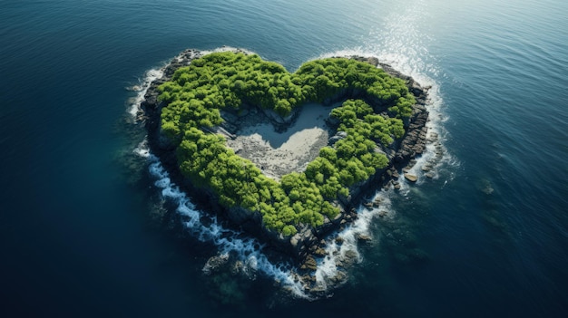Остров в форме сердца с видом на океан с высоты птичьего полета телеобъектива с реалистичным освещением