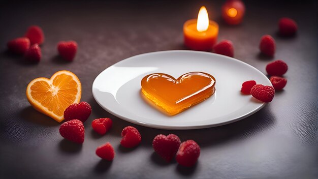 Photo heartshaped jelly with raspberries and orange on a white plate