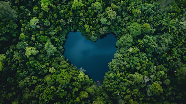 Heartshaped lake in the middle of a lush green forest The water is a deep blue color and the trees are a vibrant green