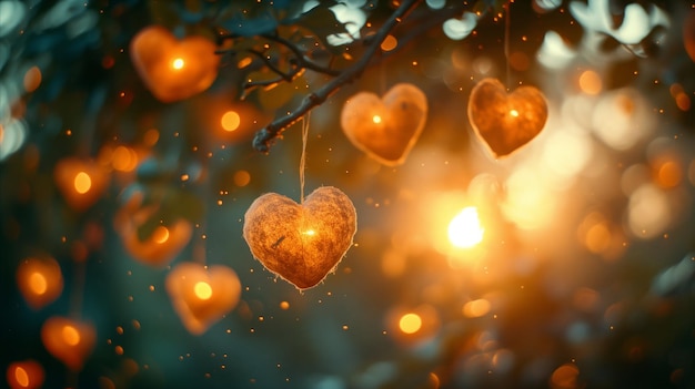 Heartshaped lights hanging from a tree creating a romantic ambiance