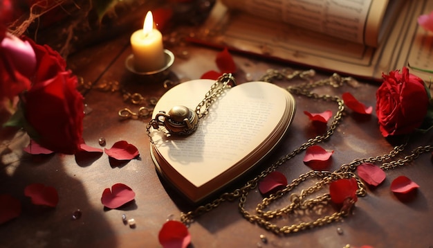 Heartshaped locket with a photo inside lying atop a love letter generated by artificial intellige