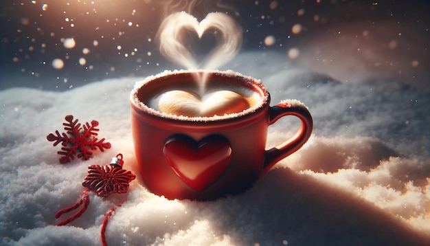 Heartshaped Mug with Steam Snowy Winter Backdrop