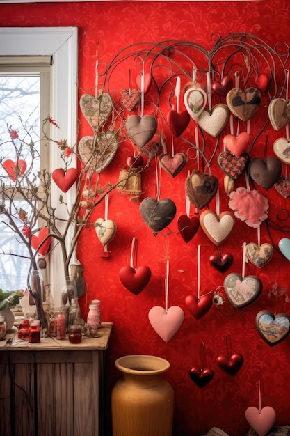 Photo heartshaped ornaments on a valentines tree created with generative ai