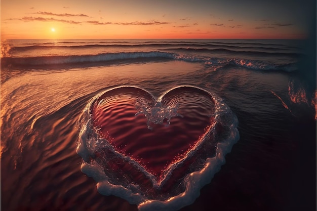 A heartshaped painting on a sandy beach with a wave at sunset Communication to lovers