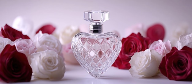 heartshaped perfume bottle surrounded by red and white roses