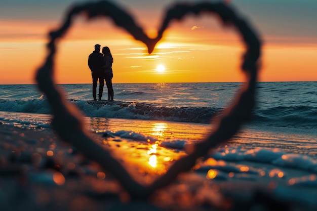 Photo heartshaped photo of two people standing on the beach