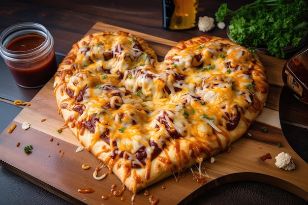 Heartshaped pizza drizzled with bbq sauce and topped with cheddar cheese