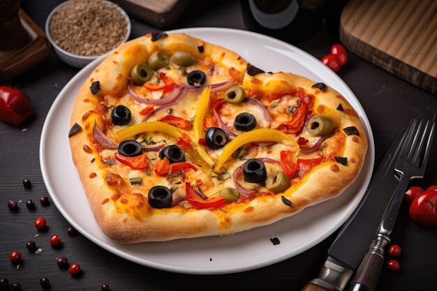 Heartshaped pizza on white plate with side of red pepper yellow pepper and black olive slices