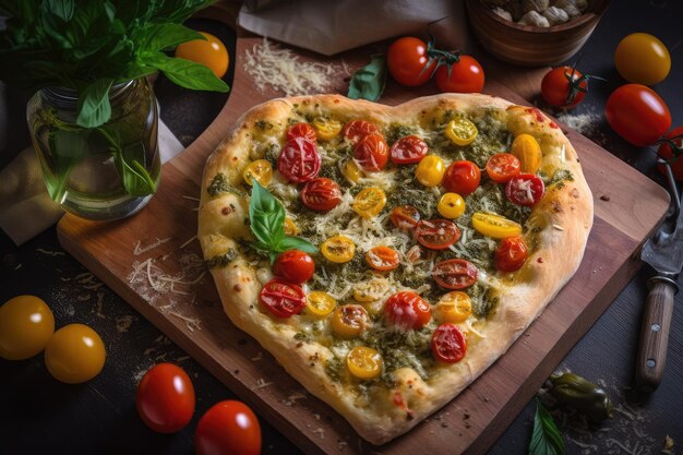 Heartshaped pizza with fresh basil garlic and cherry tomatoes