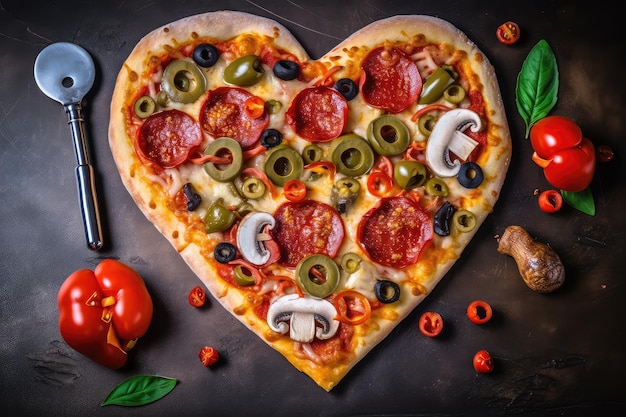 Premium AI Image | Heartshaped pizza with pepperoni mushrooms and green ...