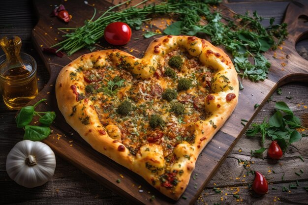 Heartshaped pizza with sprinkle of herbs and spices on top