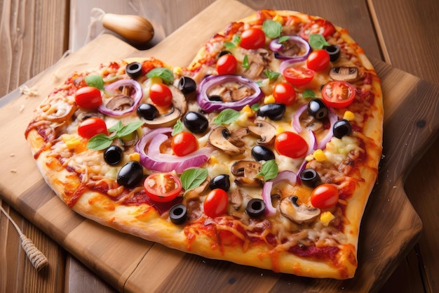 Heartshaped pizza with unusual and interesting toppings