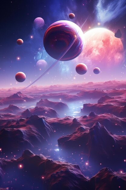 Heartshaped planets in space scene AI generated illustration