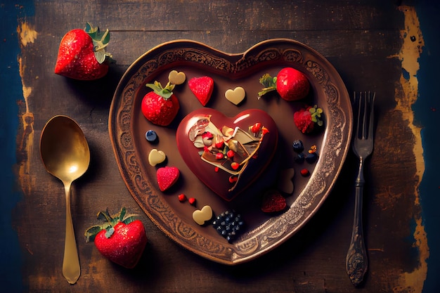 Heartshaped plate and Valentines Day decorations on table