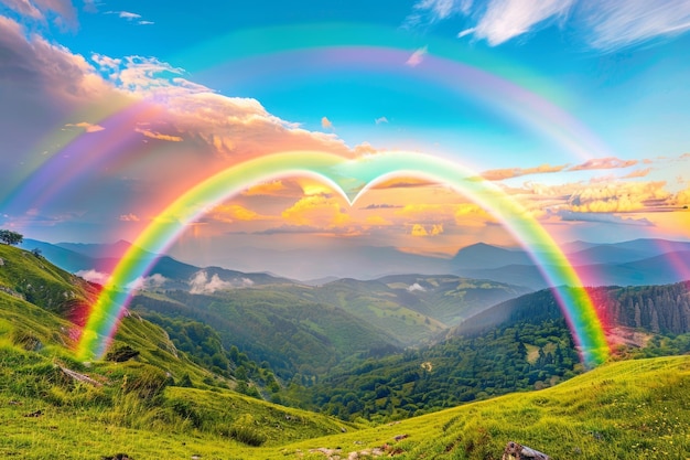 Photo heartshaped rainbow over scenic valley with vibrant colors and clear sky perfect for posters or cards