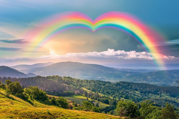 Photo heartshaped rainbow over scenic valley with vibrant colors and clear sky perfect for posters or cards