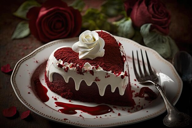 Heartshaped red velvet cake with cream and rose petals on plate created with generative ai