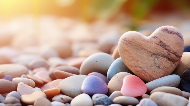 Heartshaped rock amidst colorful pebbles with a warm glow