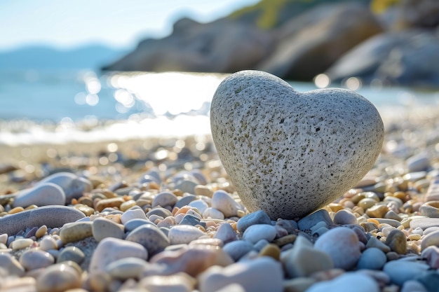 A heartshaped rock is placed delicately on the sandy beach creating a picturesque scene A heartshaped stone balanced on a tranquil beach AI Generated