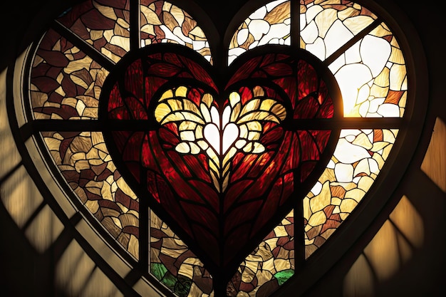 Heartshaped stained glass window with the sun shining through