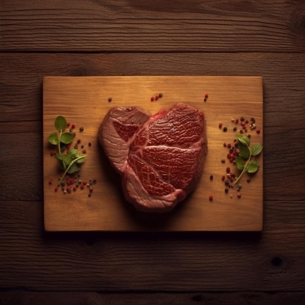 HeartShaped Steak on a Rustic Wooden Table Captured from a Top View Perspective