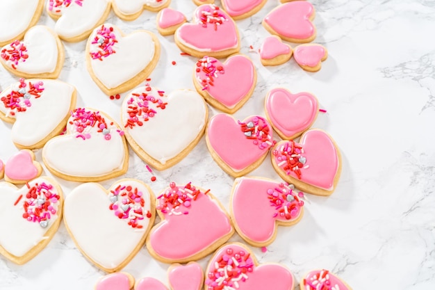 Heartshaped sugar cookies with royal icing