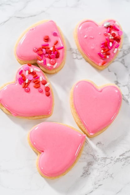 Heartshaped sugar cookies with royal icing