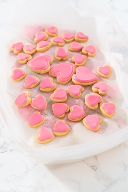 Heartshaped sugar cookies with royal icing