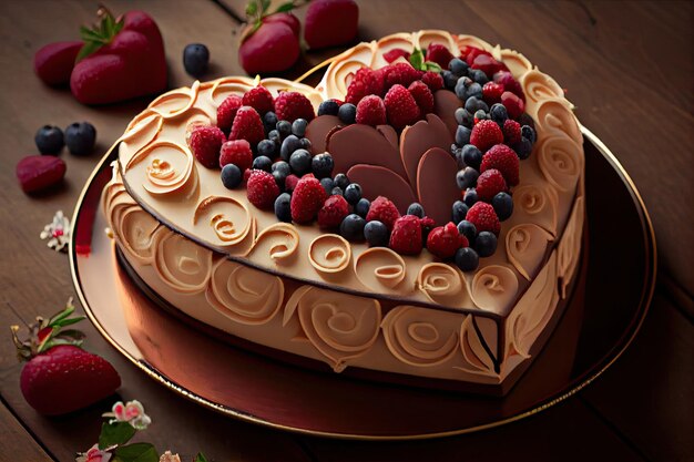 Heartshaped tiramisu cake with roses and berries on top