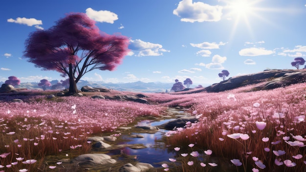 HeartShaped Trees in a Blossoming Meadow