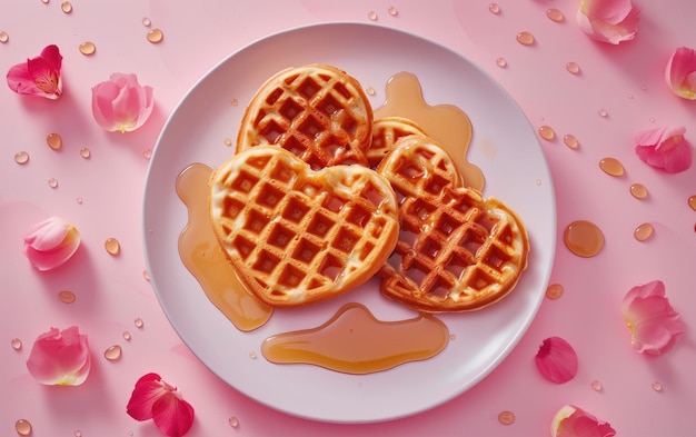 Heartshaped waffles drizzled with syrup on pastel background professional food photo ai generated