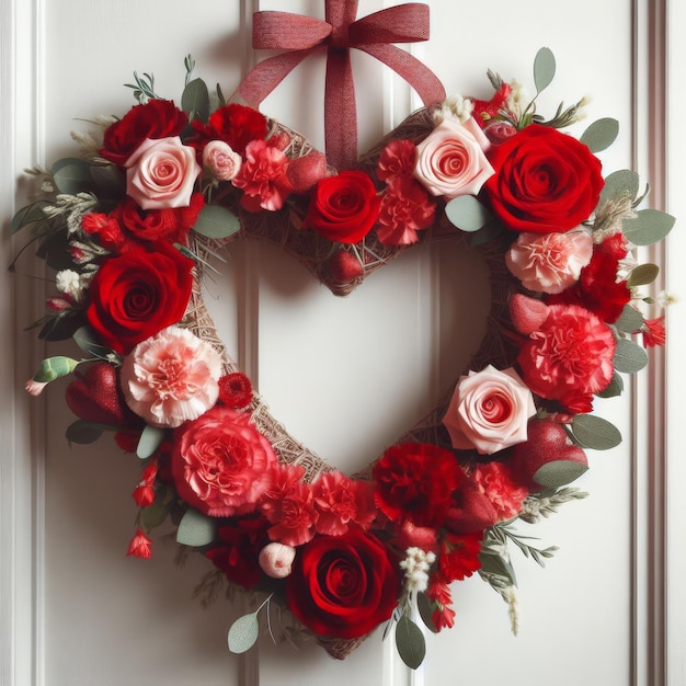 Heartshaped wreath of red roses on the door