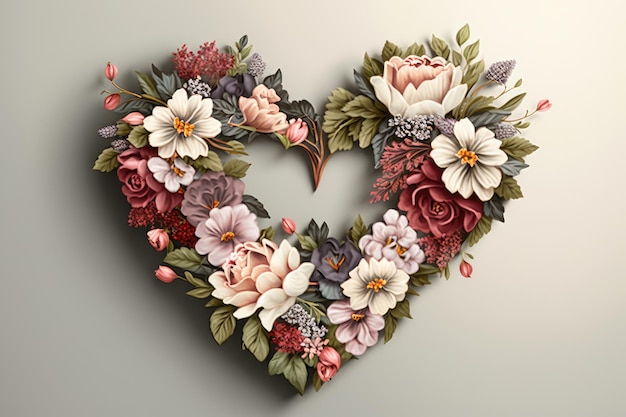 Heartshaped wreath with red pink and white blooms