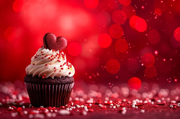 Heartsthemed cupcake for Valentines Day showcased against a backdrop of red bokeh