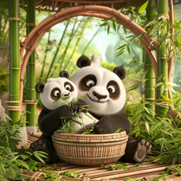 Heartwarming 3D Cartoon Scene Cuddly Pandas in Bamboo Haven