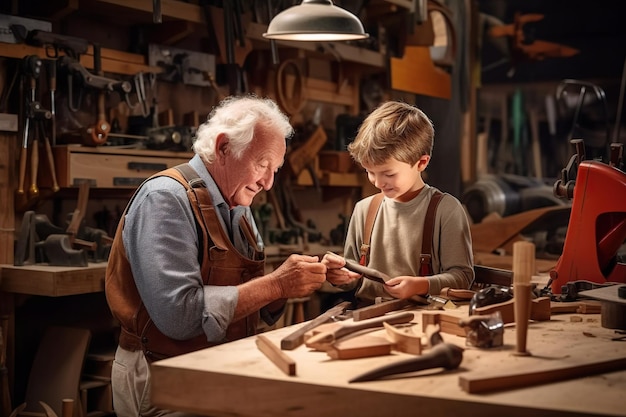 Heartwarming bond between a grandfather and grandson in their cozy workshop as they craft a wooden airplane together Generative AI