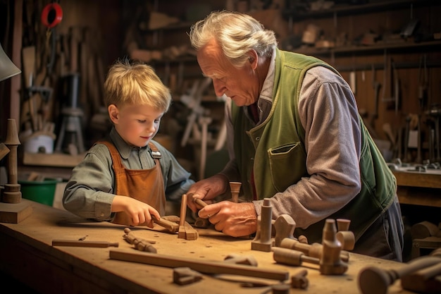 Heartwarming bond between a grandfather and grandson in their cozy workshop as they craft a wooden airplane together Generative AI