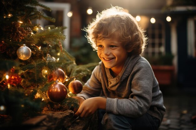 Heartwarming Christmas Joy Experience heartwarming joy as a boy filled with excitement adorns the Christmas tree with heartfelt decorations