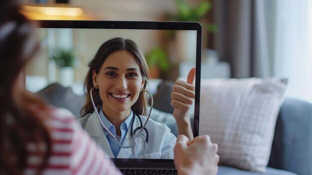 A heartwarming closeup of a patients relieved and joyful expression on a doctors laptop screen during a video call The doctors hands are seen giving a thumbsup to the patient