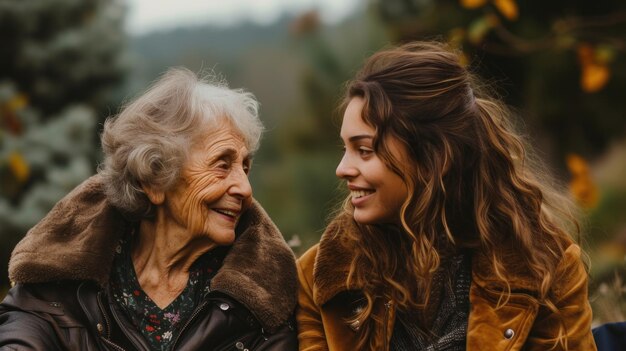 Photo heartwarming conversation between grandmother and granddaughter