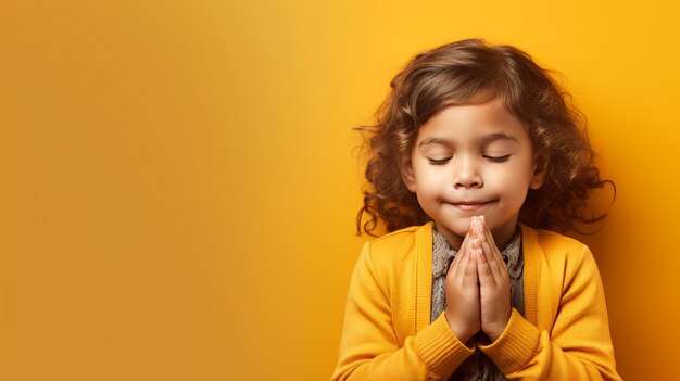 Photo a heartwarming depiction of a little girl in prayer with her hands folded and face turned upwards