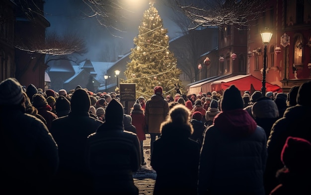 Heartwarming Eve Townsfolk United in Carol Singing under a Snowkissed Grand Christmas Tree